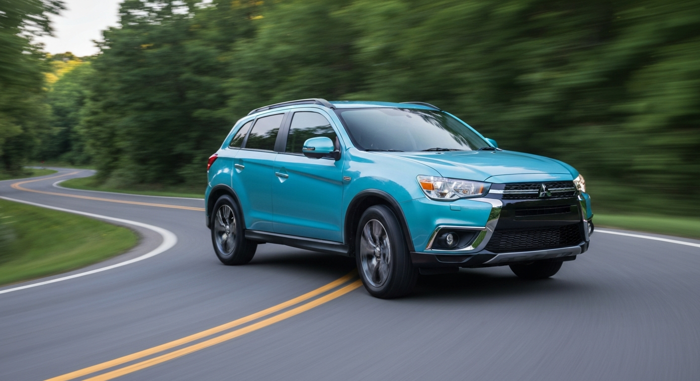 An abstract, impressionistic illustration of a Mitsubishi Outlander Sport SUV in motion, with the vehicle's form blurred into vibrant streaks of color against a backdrop of green foliage, conveying a sense of speed and energy.
