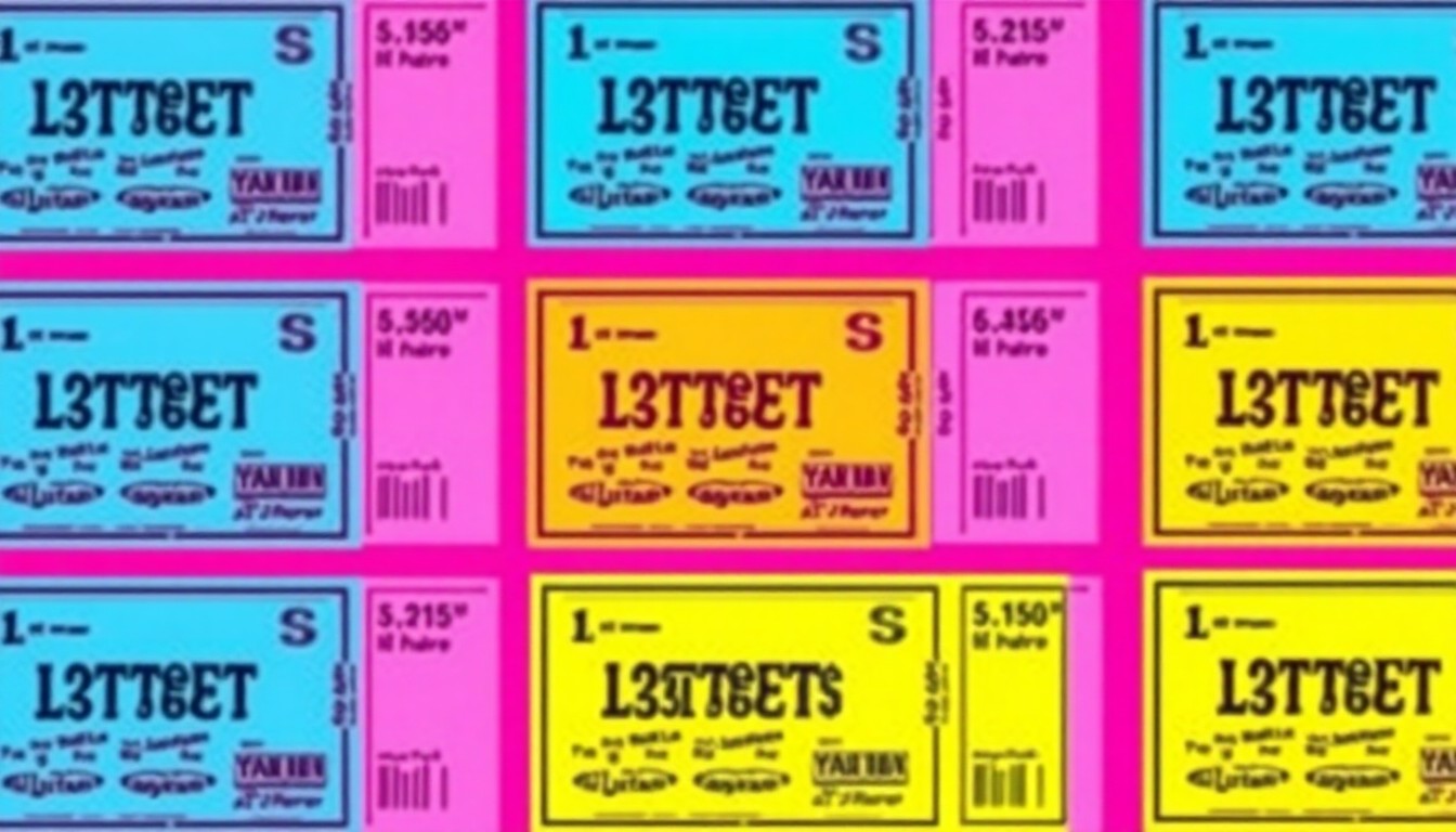 A brightly colored, high-contrast silkscreen print of a single, iconic lottery ticket repeated in a tight grid pattern, capturing the excitement and vibrant energy of an unexpected jackpot win.