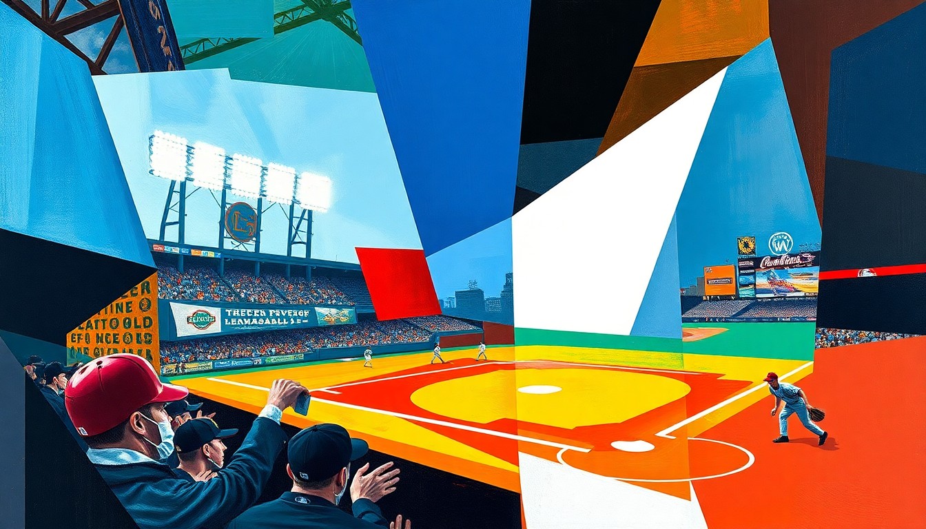 A fractured, multi-perspective painting in bold, geometric shapes and colors, conceptually representing the tension and energy of a dramatic late-inning baseball comeback.