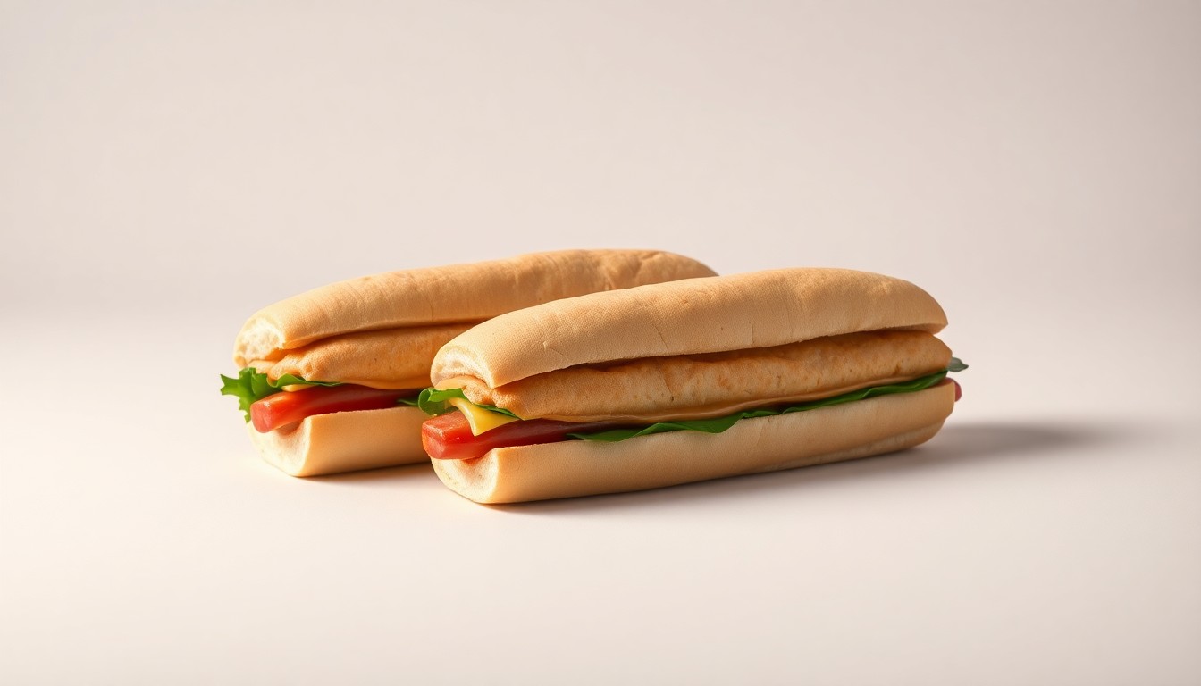 A photorealistic studio still-life photograph featuring a pair of freshly made Subway footlong subs in classic white and green packaging, arranged elegantly on a clean, monochromatic background and using dramatic lighting to conceptually represent a limited-time promotional offer.