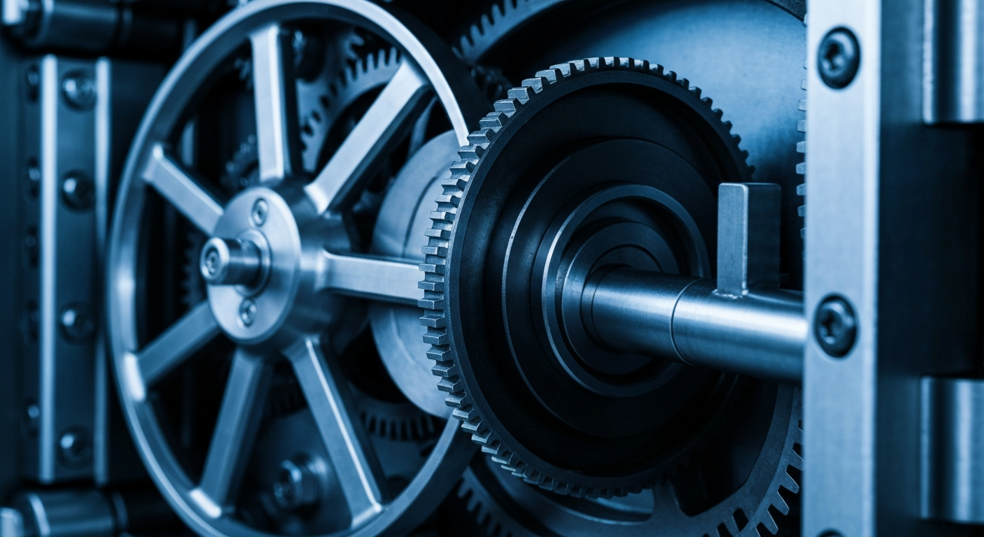 A close-up photograph of the intricate inner workings of a bank vault, with gears, locks, and heavy metal mechanisms in shades of silver, black, and steel blue, conveying a sense of institutional strength and financial stability.