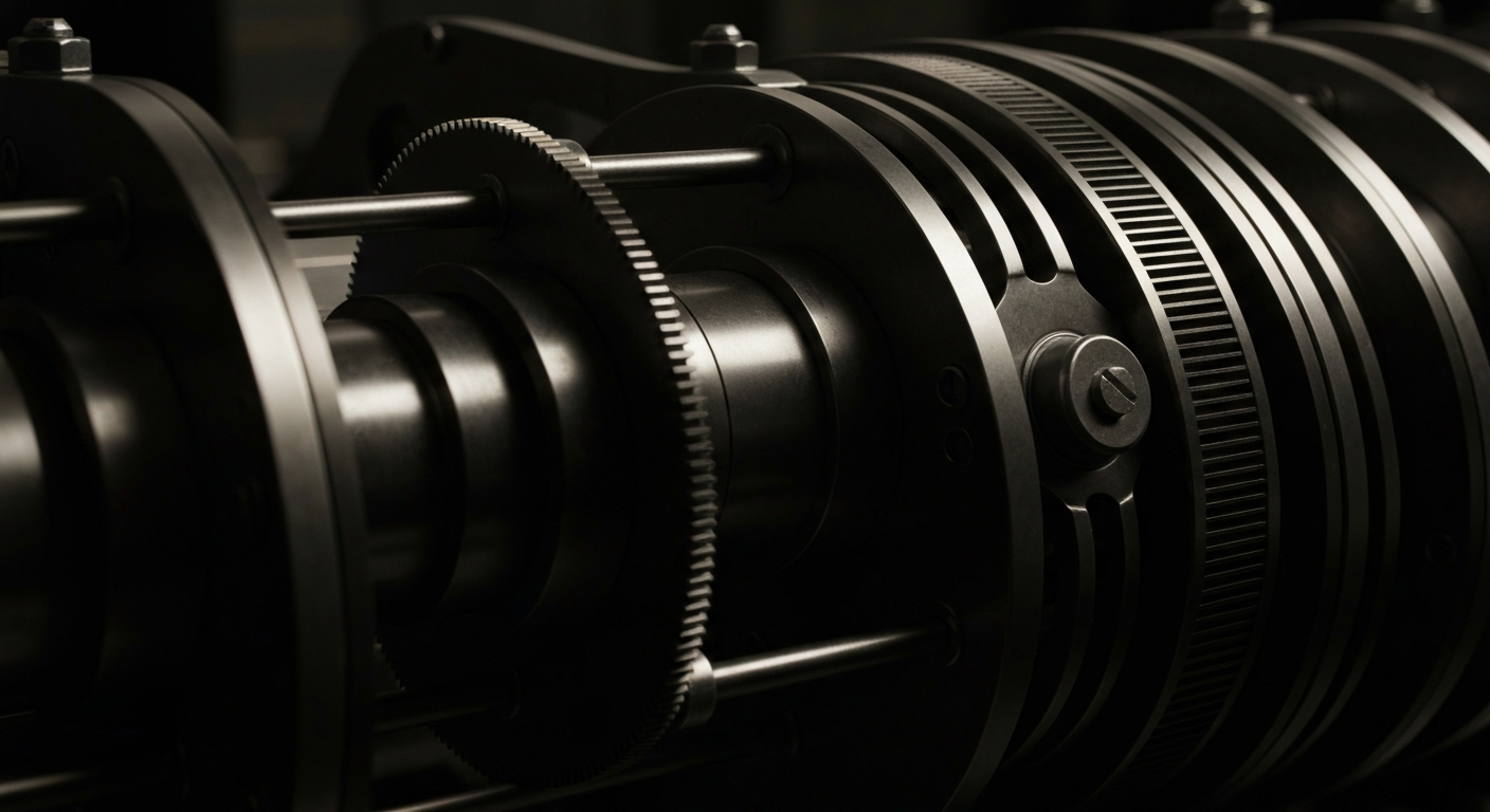 An extreme close-up of the heavy, intricate machinery and gears of an industrial-scale financial accounting device, conveying the tangible power and security of a major consumer goods corporation.