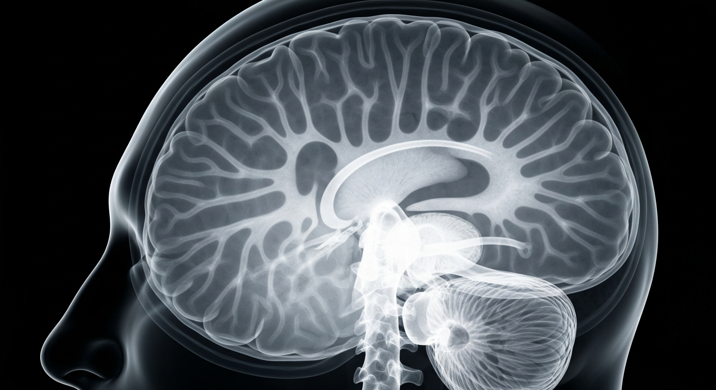 An extreme close-up X-ray image revealing the intricate internal structures of the human brain, conceptually representing the complex neurological processes involved in Multiple System Atrophy.
