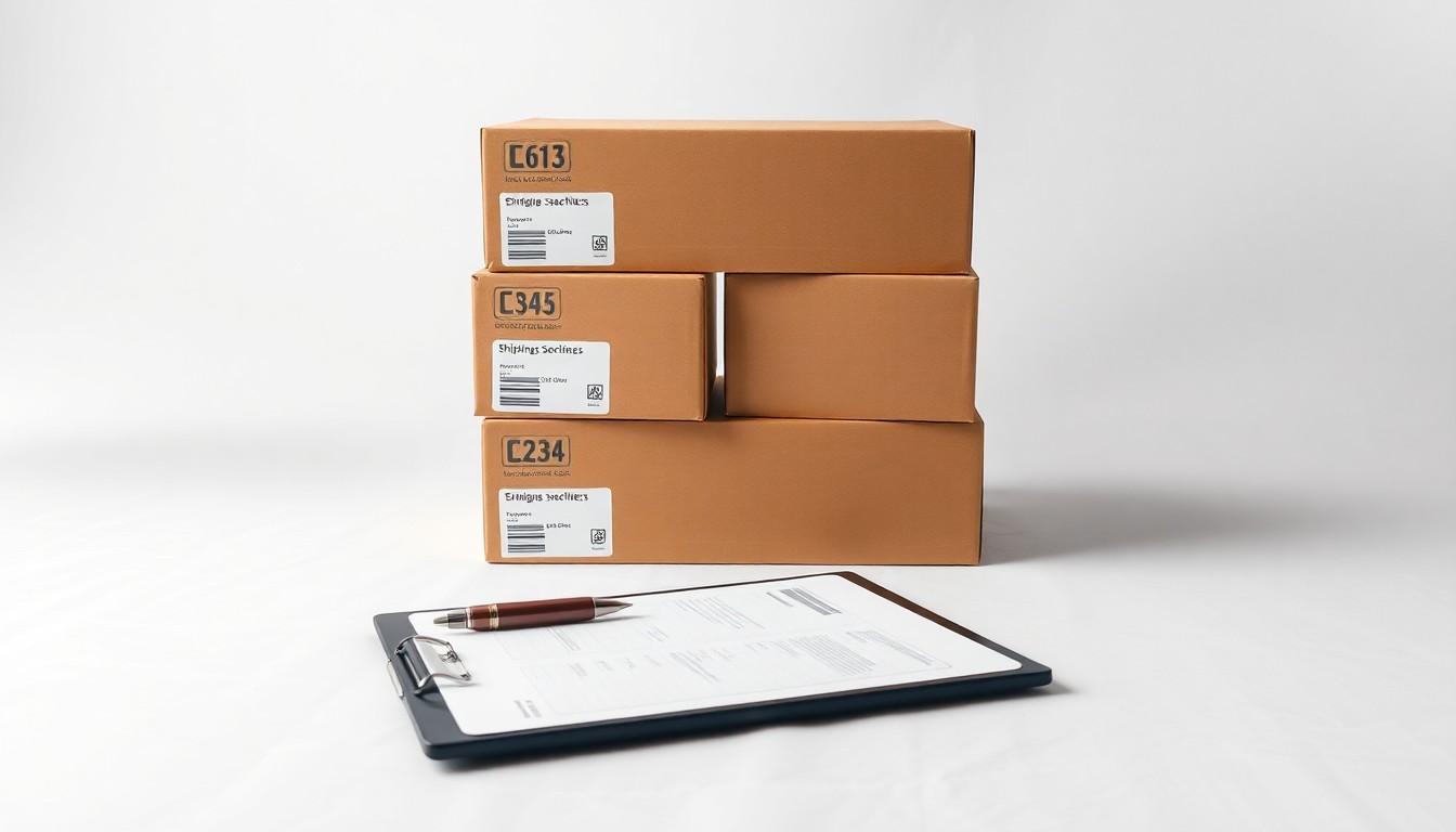 A clean, high-contrast studio photograph featuring a stack of shipping boxes, a clipboard, and a pen arranged in a simple, elegant composition on a plain white background, conveying the abstract concepts of corporate strategy and logistics through premium materials and dramatic lighting.