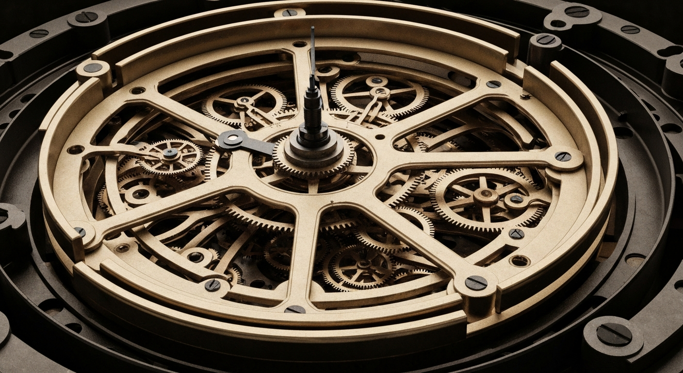 An extreme close-up of complex, interlocking metal machinery and gears, representing the sophisticated technology and infrastructure that powers the semiconductor industry.