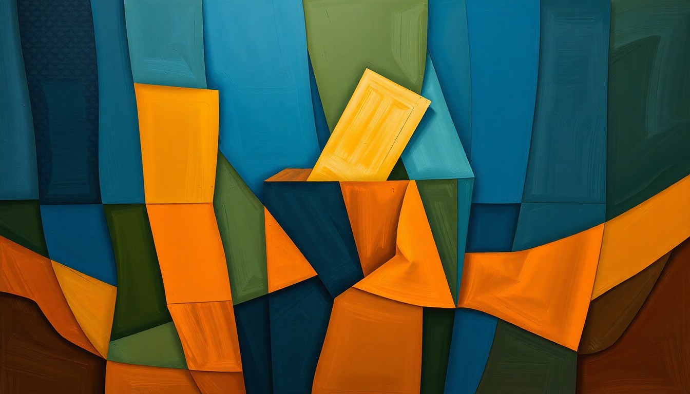 A heavily textured, fragmented painting of a voting booth or ballot box in shades of blue, green, and orange, conveying the dynamic and contested nature of this special election.
