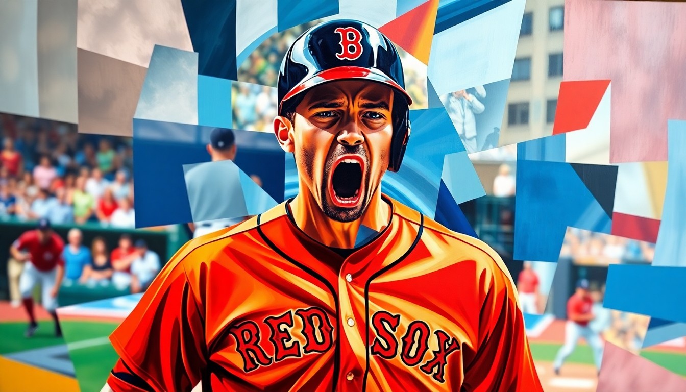 A fragmented, geometric painting depicting a baseball player in a Red Sox uniform, their face and body broken down into sharp, overlapping planes of color, conveying a sense of raw emotion and inner turmoil.