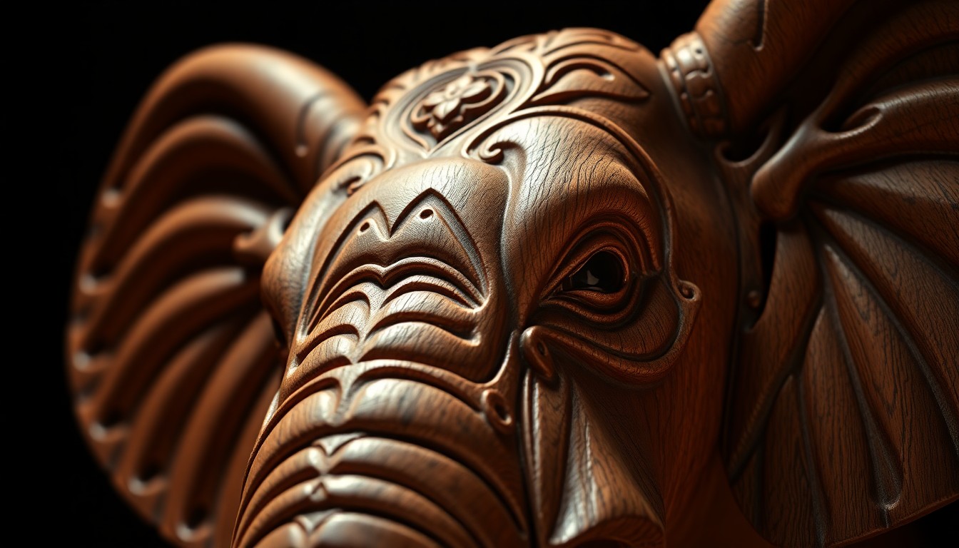 An extreme close-up photograph of the intricate carved wooden texture and details on the exterior of Lucy the Elephant, using dramatic high-contrast studio lighting to create a sense of glamour and timeless elegance.