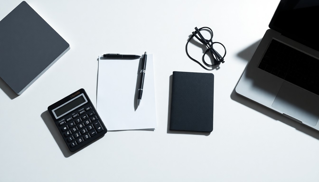 A photorealistic studio still life featuring a calculator, pen, notepad, and laptop arranged on a clean, white background, conveying the concept of a well-designed workspace and its impact on employee experience.