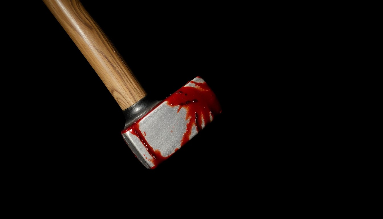 An extreme close-up of a bloodied hammer, the harsh flash creating a stark, gritty image that conceptually represents the violent crime at the center of this story.