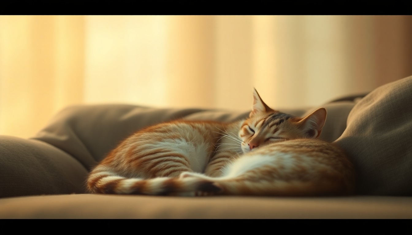 An extremely abstracted, out-of-focus photograph in soft, warm tones showing the peaceful form of a cat curled up on a couch, with the background blurred into hazy, indistinct shapes and pools of light.