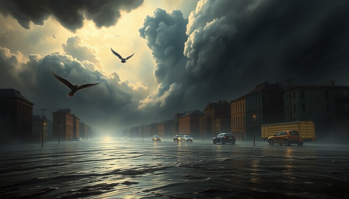 A sweeping, atmospheric landscape painting depicting a flooded city street under a dramatic, stormy sky, with physical structures and vehicles dwarfed by the overwhelming natural forces.