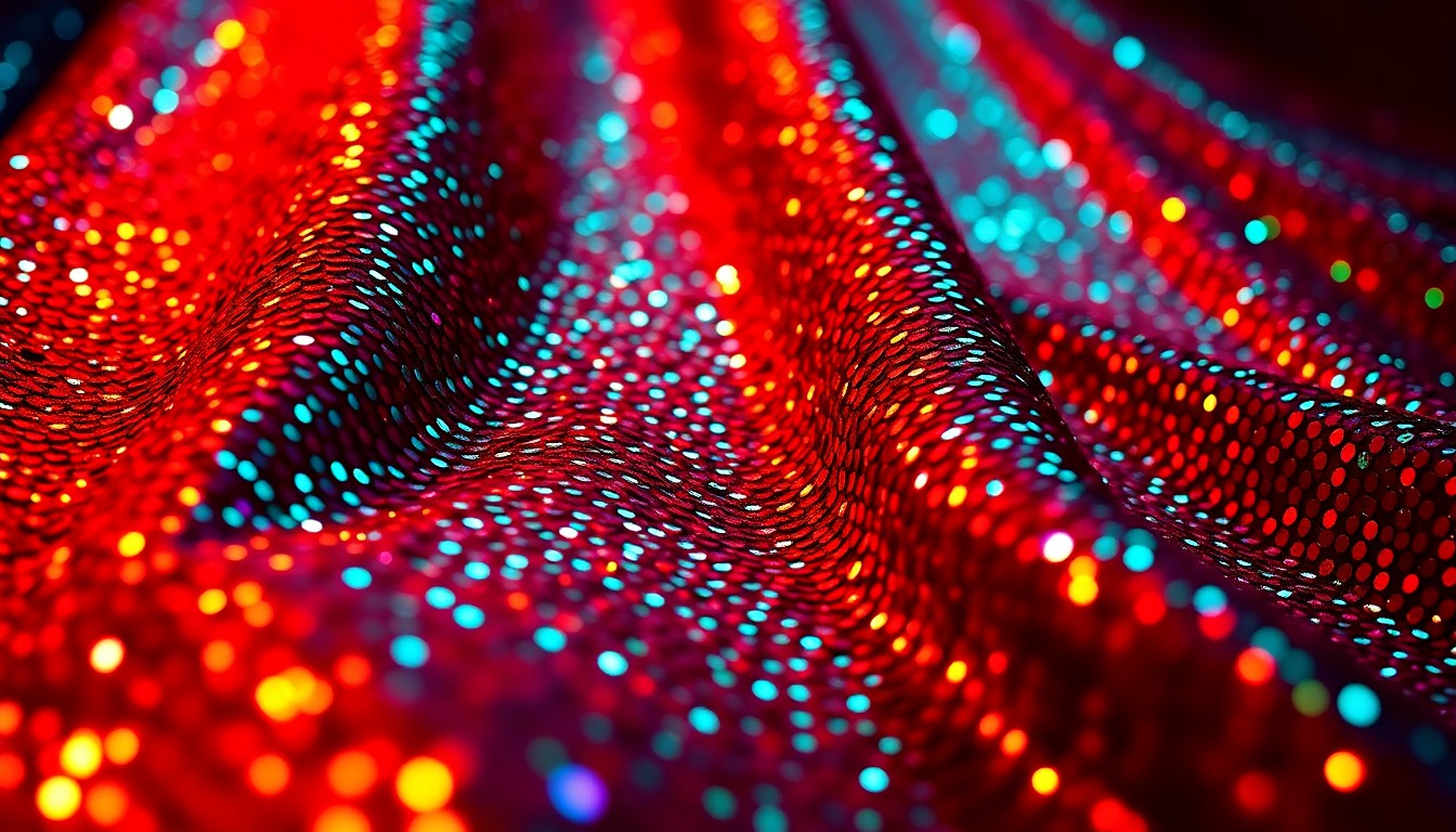 An extreme close-up photograph of a shimmering, sequined fabric in deep purple, teal, and gold hues, creating a dramatic, high-contrast glamour texture that conceptually represents the glitz and energy of country music awards shows.