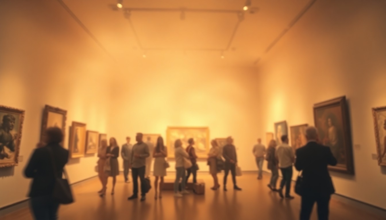 An abstract, out-of-focus photograph in soft, warm tones depicting blurred figures interacting with art in a museum setting, conveying the emotional connection between people and the museum's collection.