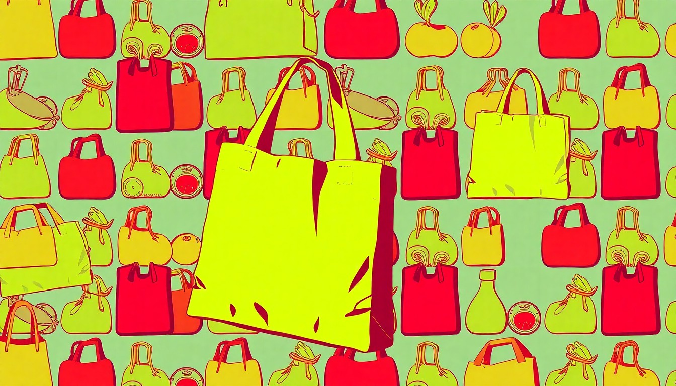 A highly stylized, abstract grid of brightly colored, silkscreen-printed organic produce items like avocados, carrots, and apples, conceptually representing the diverse natural food offerings and community-focused values of the Rainbow Grocery Cooperative.