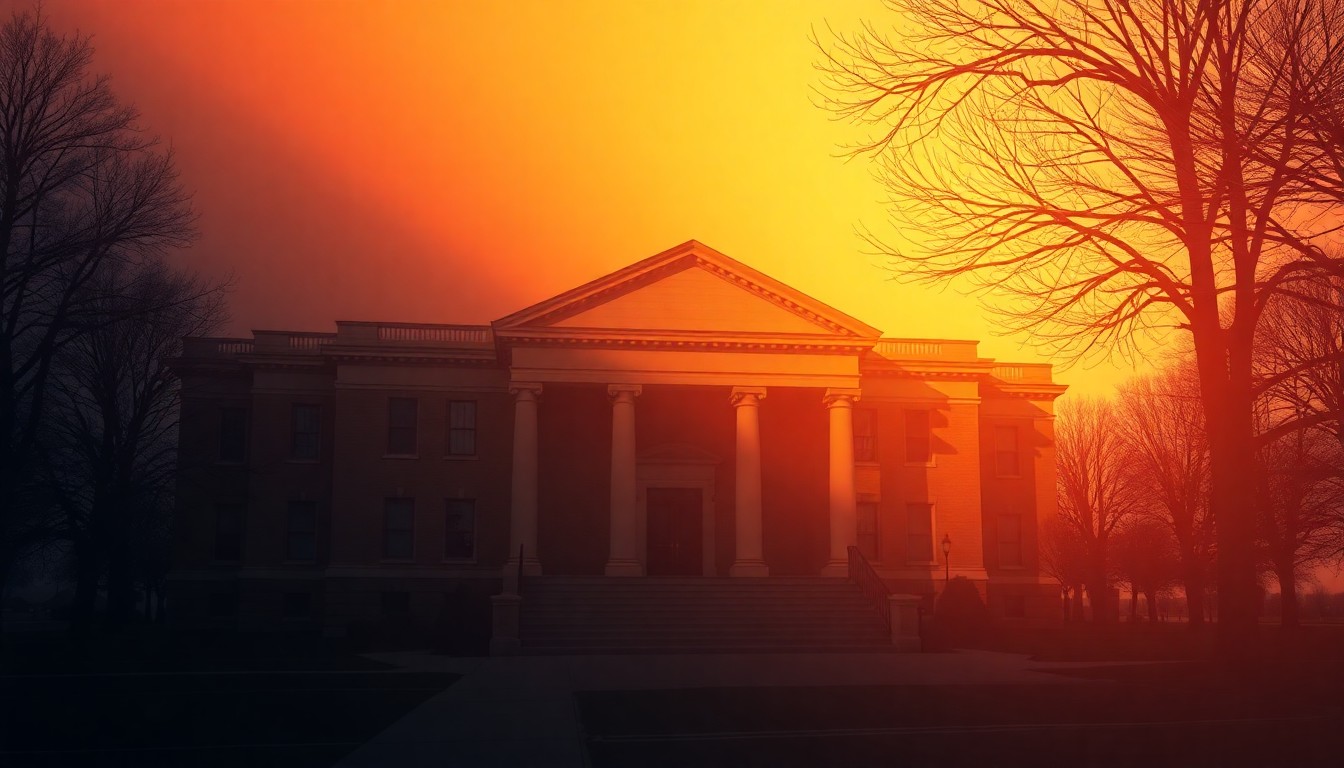 A serene, cinematic painting of a county government building in warm, golden light, conveying the contemplative mood of local political discussions.