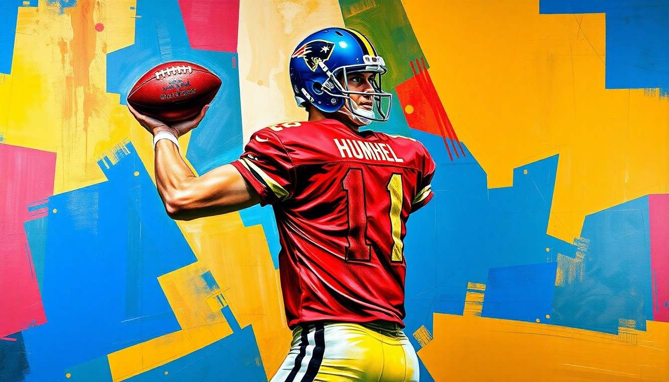 A cubist, geometric painting depicting a quarterback in motion, with sharp, overlapping planes of color representing the dynamic nature of the position.