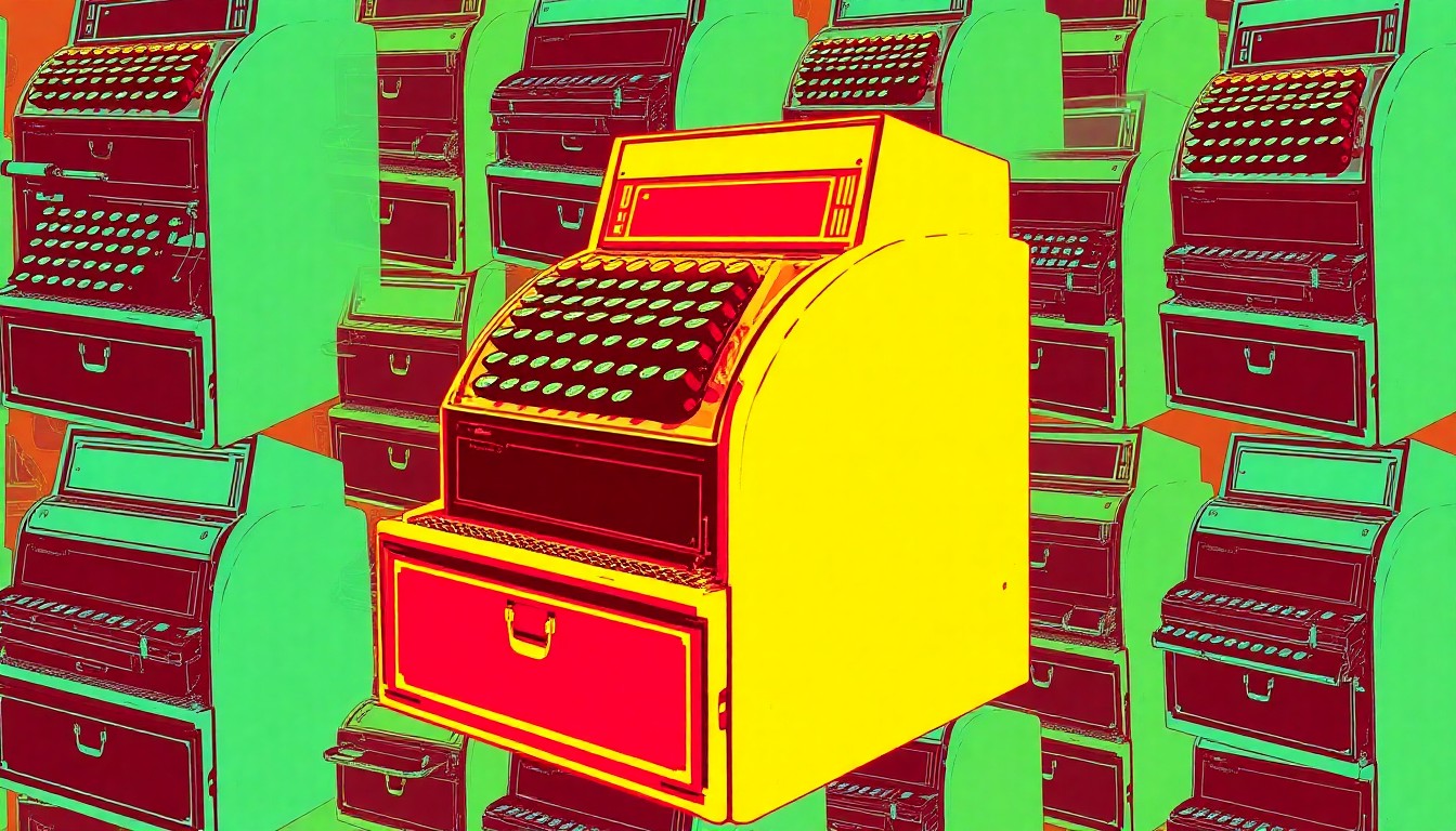A bold, colorful silkscreen illustration featuring a vintage cash register or cash drawer repeated in a grid pattern, conceptually representing the restoration of a historic retail space in Smithville, Texas.