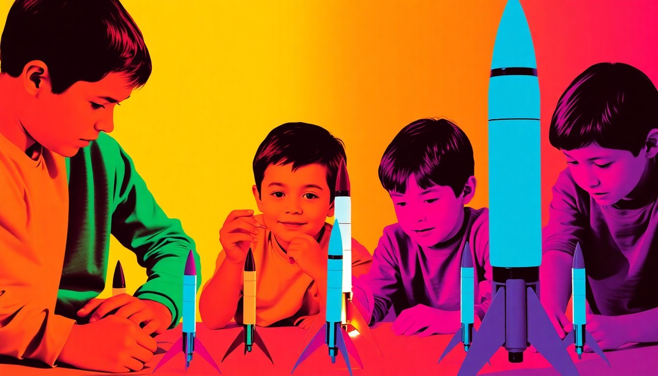 A brightly colored, high-contrast silkscreen print of a group of children building and launching model rockets, repeated in a tight grid pattern, conceptually representing the hands-on STEM activities of the Camp Invention program.