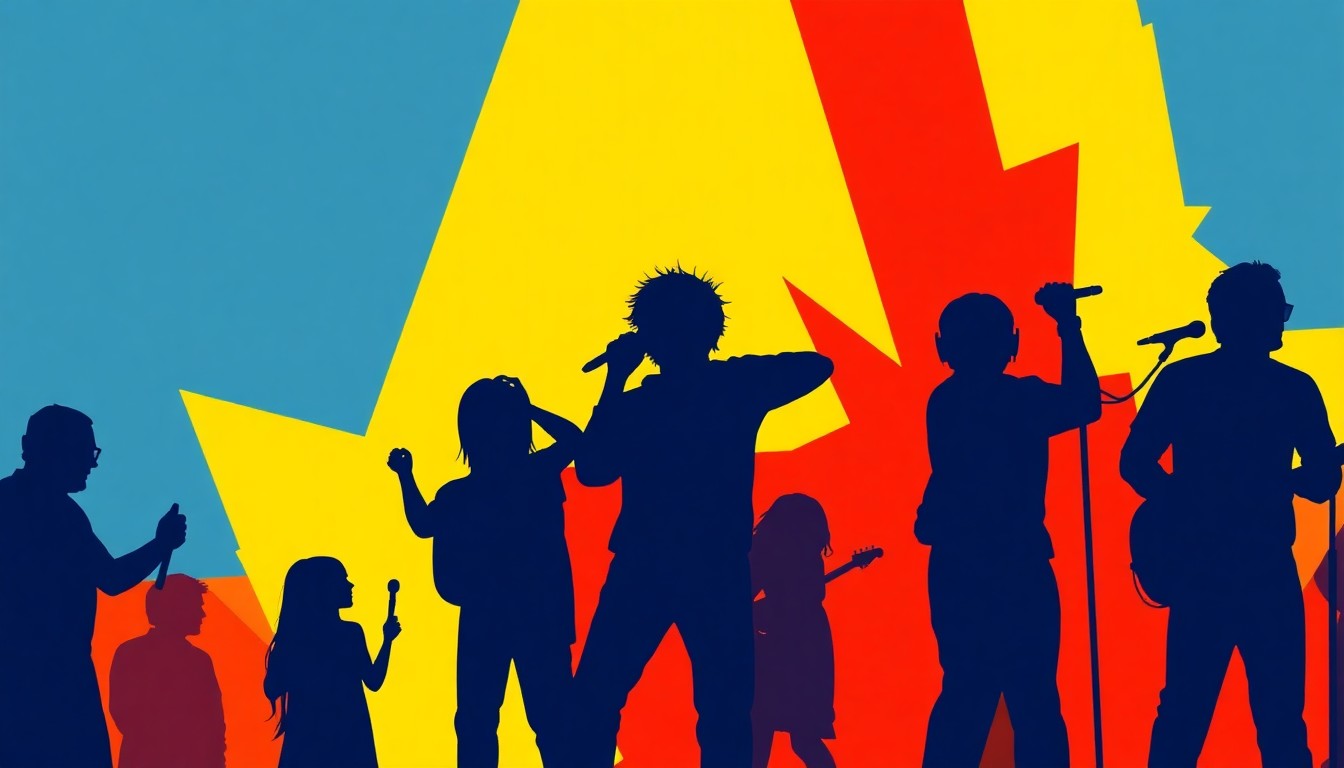 A dynamic abstract illustration using stark geometric shapes and high-contrast colors to capture the energy and diversity of musical performances at the Elgin Music Festival.