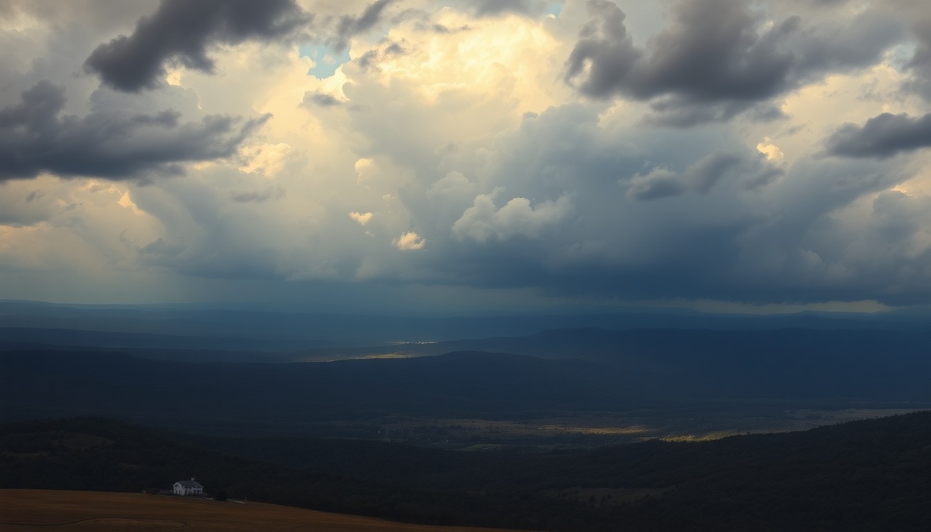 A vast, majestic landscape painting in muted tones of green, gray, and blue, depicting a sweeping, atmospheric scene of the Bastrop County countryside under a dramatic, cloudy sky. The composition uses deep perspective and dramatic backlighting to capture the mood of the recent rainfall and improved fire conditions, with any physical structures or objects dwarfed by the overwhelming scale of the natural environment.