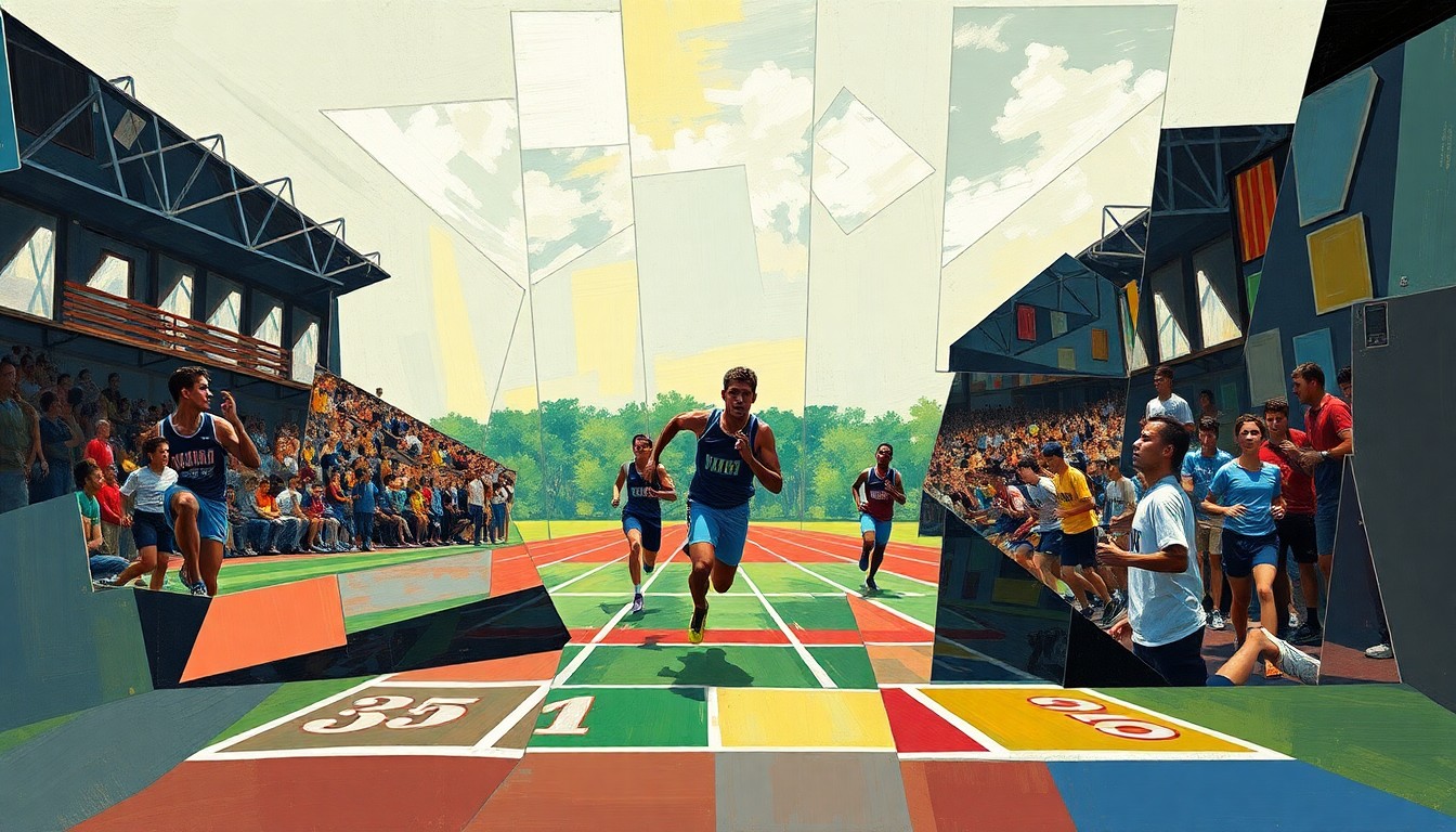 A fragmented, geometric painting depicting various track and field events and athletes in an abstract, cubist style.