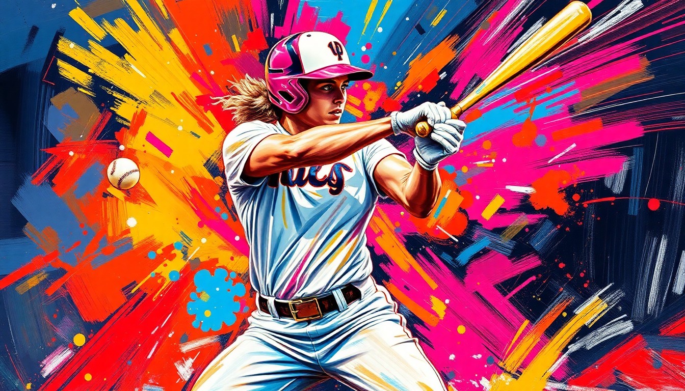 An extreme close-up of a softball player's batting motion, captured in a vibrant, expressionist style with rapid brushstrokes and neon colors, conveying the raw energy and power of the sport.