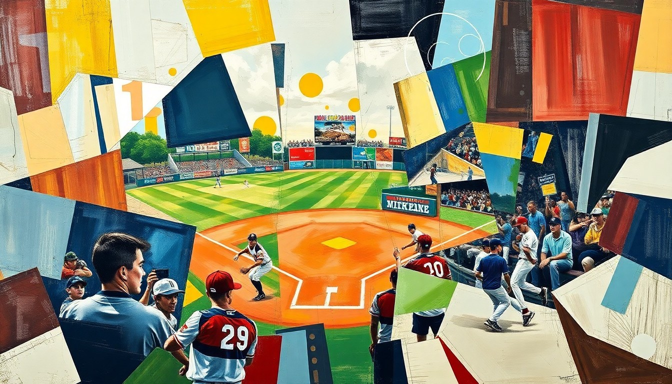 A fragmented, geometric painting depicting a high school baseball or softball game, with players and the field broken down into sharp, angular shapes and planes of color, reflecting the complex and disjointed nature of the playoff format.