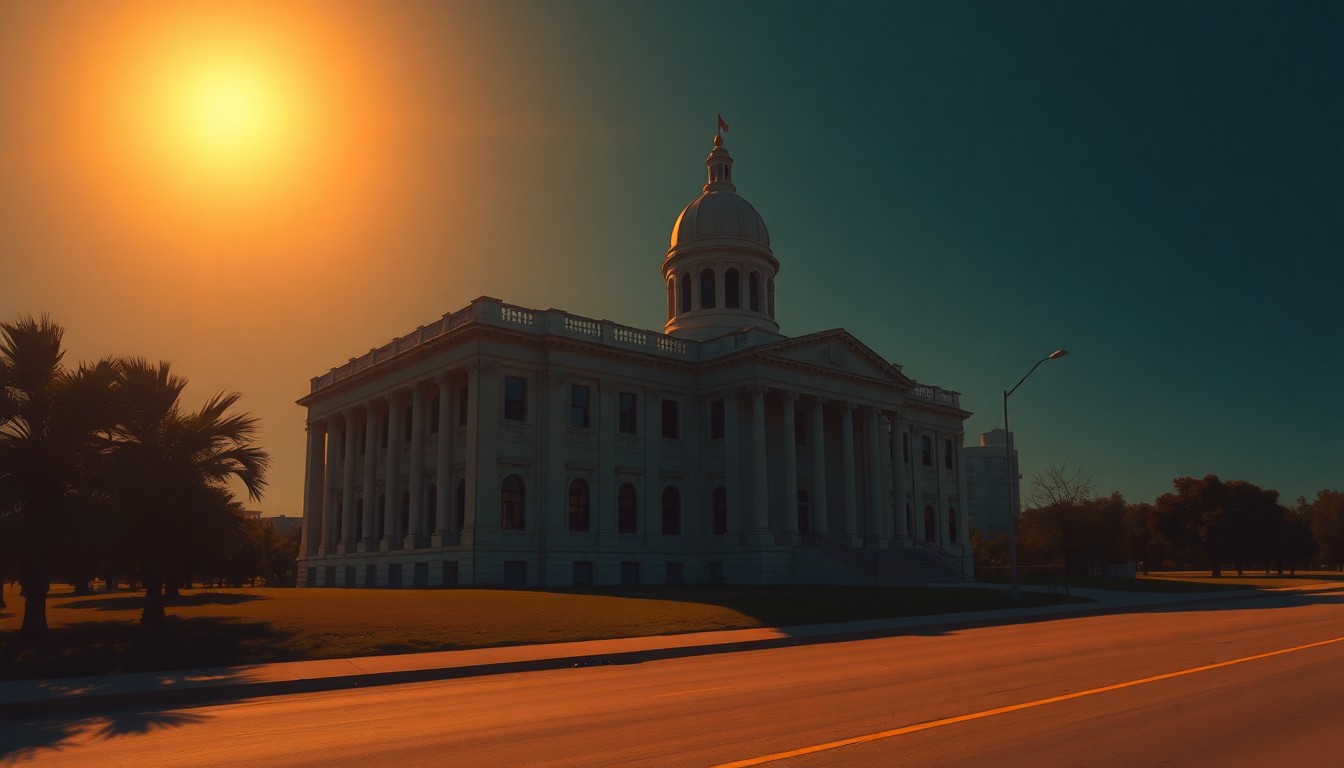 A photorealistic painting of the Texas state capitol building, its grand architecture and imposing presence rendered in warm, muted tones and dramatic shadows, conveying a sense of political tension and uncertainty.