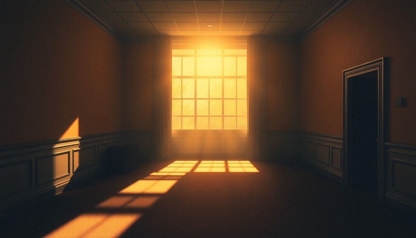 A dimly lit, cinematic government office space with a single desk and chair, the room bathed in warm, diagonal sunlight and deep shadows, conveying a sense of political tension and uncertainty.