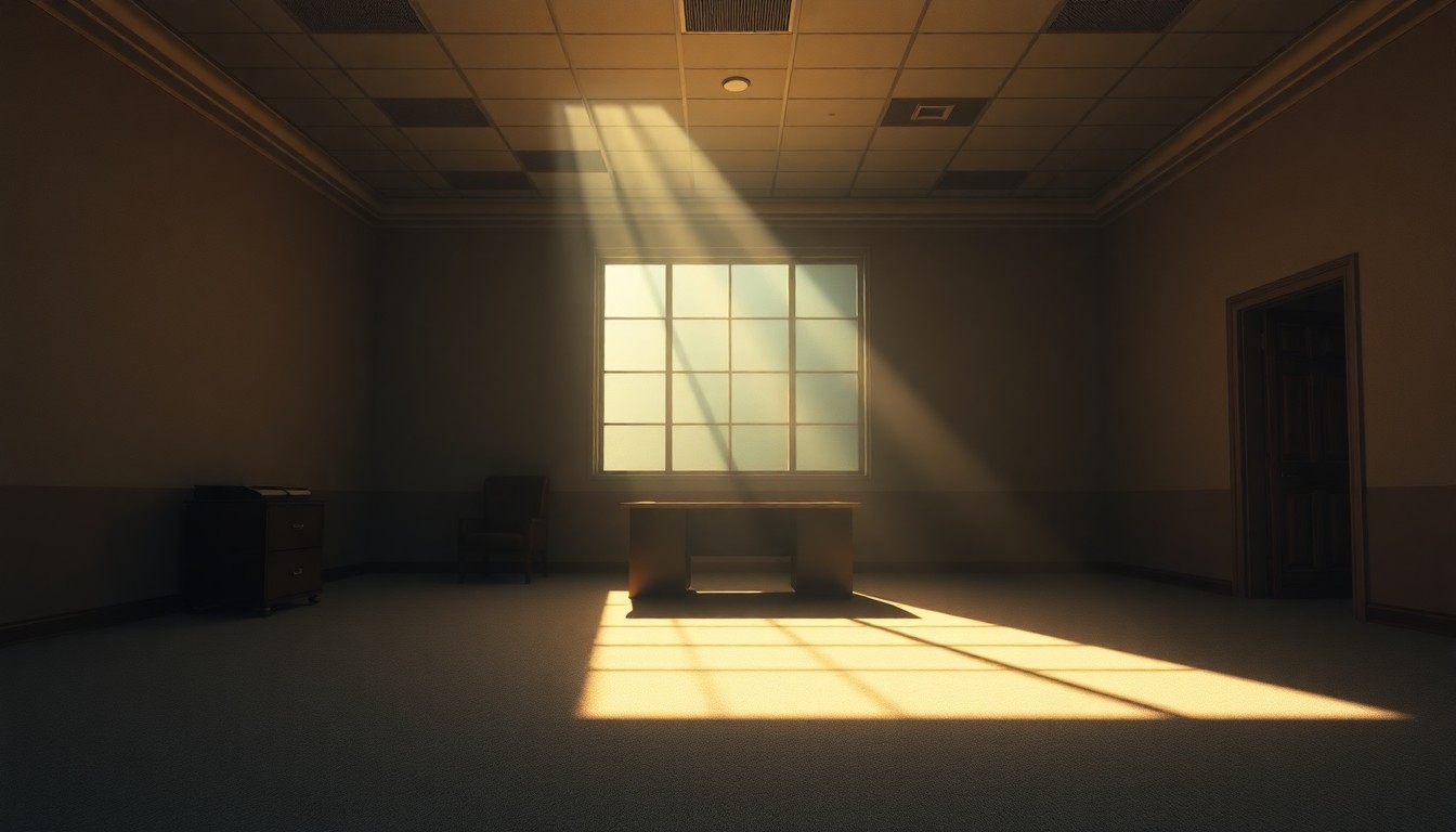 A dimly lit, cinematic painting of an empty government office space, with warm sunlight streaming in through the windows and deep shadows cast across the room, conveying a sense of political unease and ethical questions.