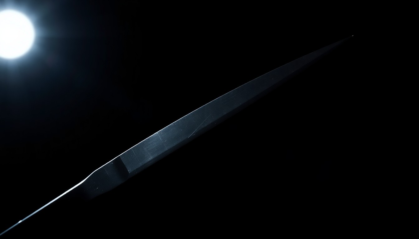 An extreme close-up photograph of a surgical scalpel against a pitch-black background, the sharp, metallic edges of the blade the focal point, creating a stark, gritty, investigative aesthetic.