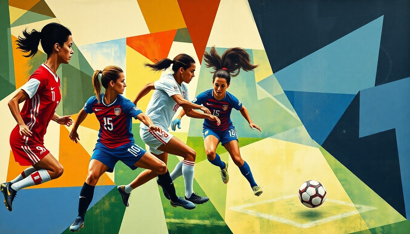 A cubist, geometric painting depicting the dynamic movements and intensity of a soccer match between the U.S. Women's National Team and Japan, with the players' forms abstracted and their faces obscured, conveying the energy and emotion of the game.