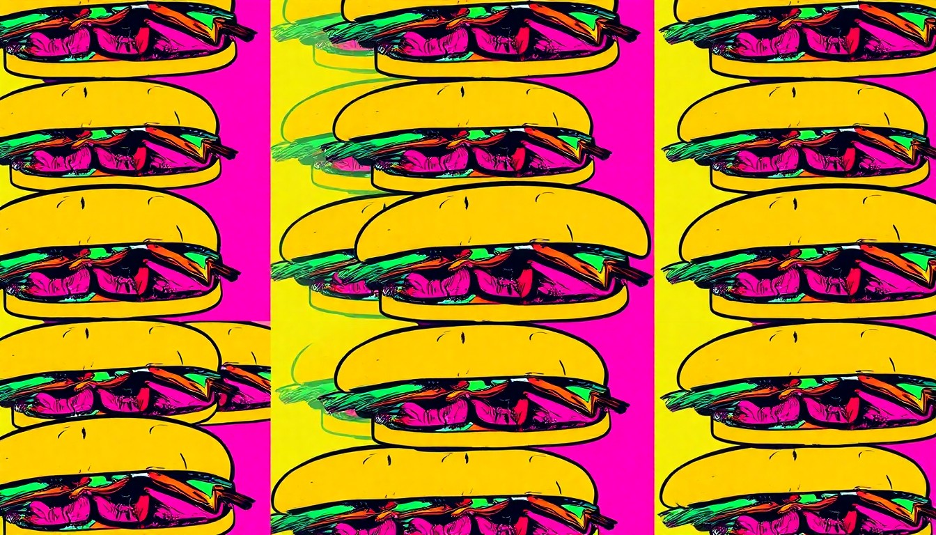 A highly stylized, silkscreen-inspired illustration featuring a tri-tip sandwich repeated in a grid pattern, using bold, vibrant colors and heavy black outlines to capture the celebratory spirit of a local market's long-standing community tradition.