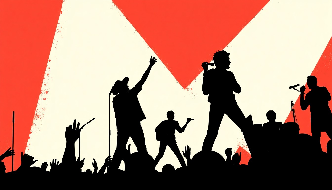 A dynamic, abstract illustration featuring bold black shapes and contrasting solid colors like red and white, capturing the celebratory energy and nostalgic spirit of a Motown music performance.