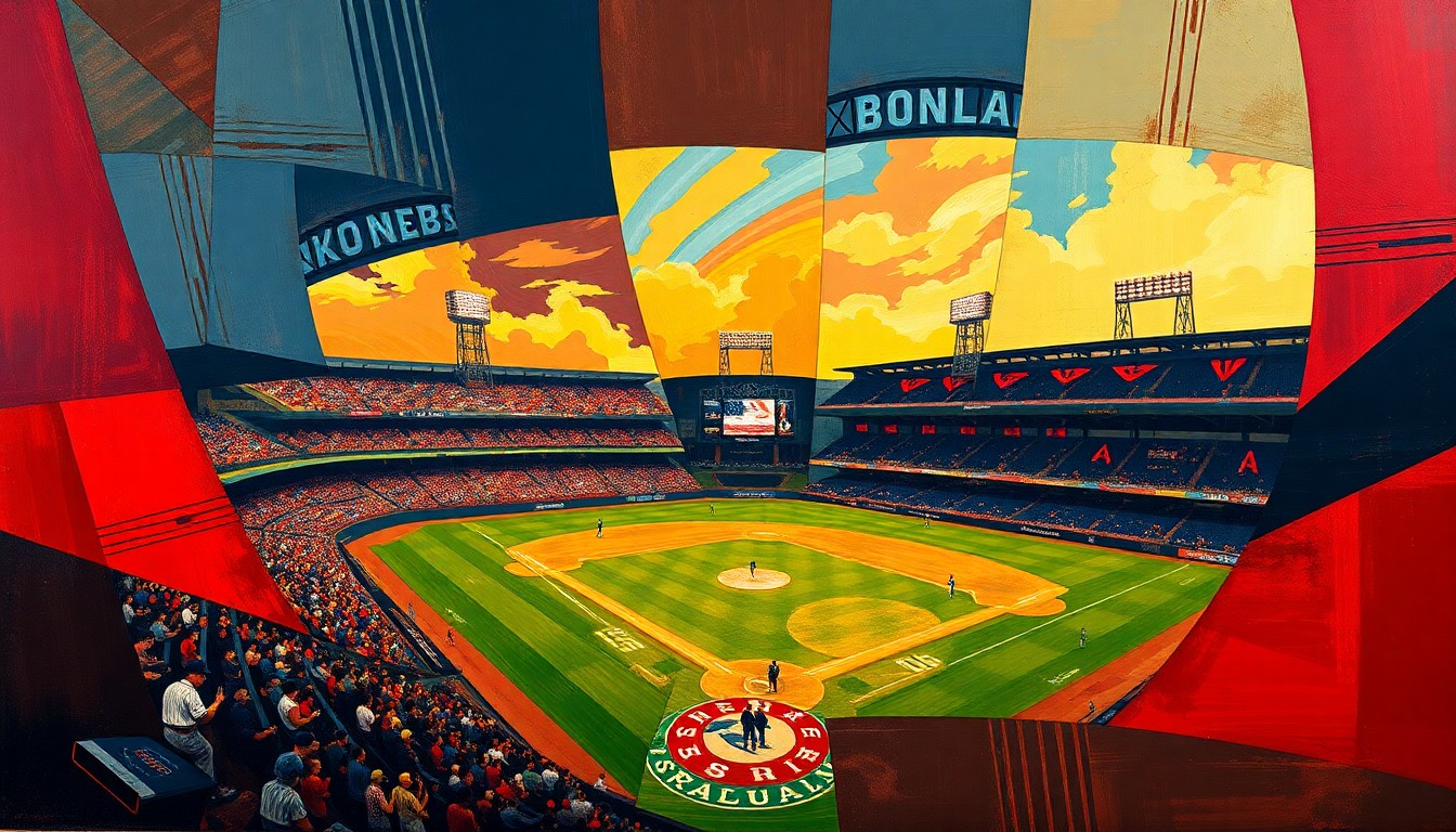 A cubist, geometric painting depicting a fragmented baseball game, with sharp planes of red, blue, and yellow overlapping to create a sense of motion and conflict.