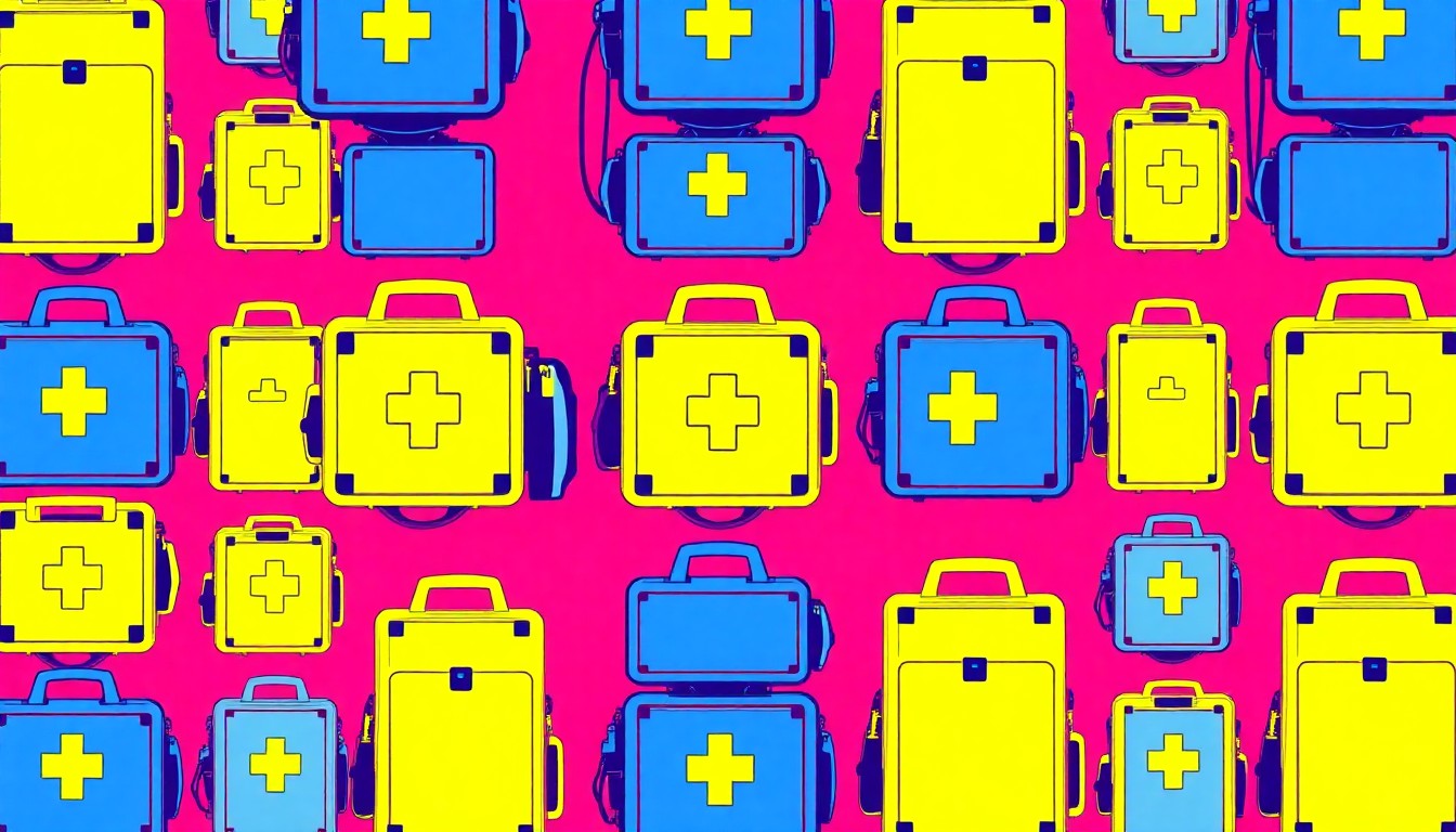 A bold, colorful silkscreen print featuring a repeating pattern of a single EMS equipment item, such as a defibrillator or stretcher, rendered in a high-contrast, neon color palette with heavy black outlines in the style of Andy Warhol's pop art.
