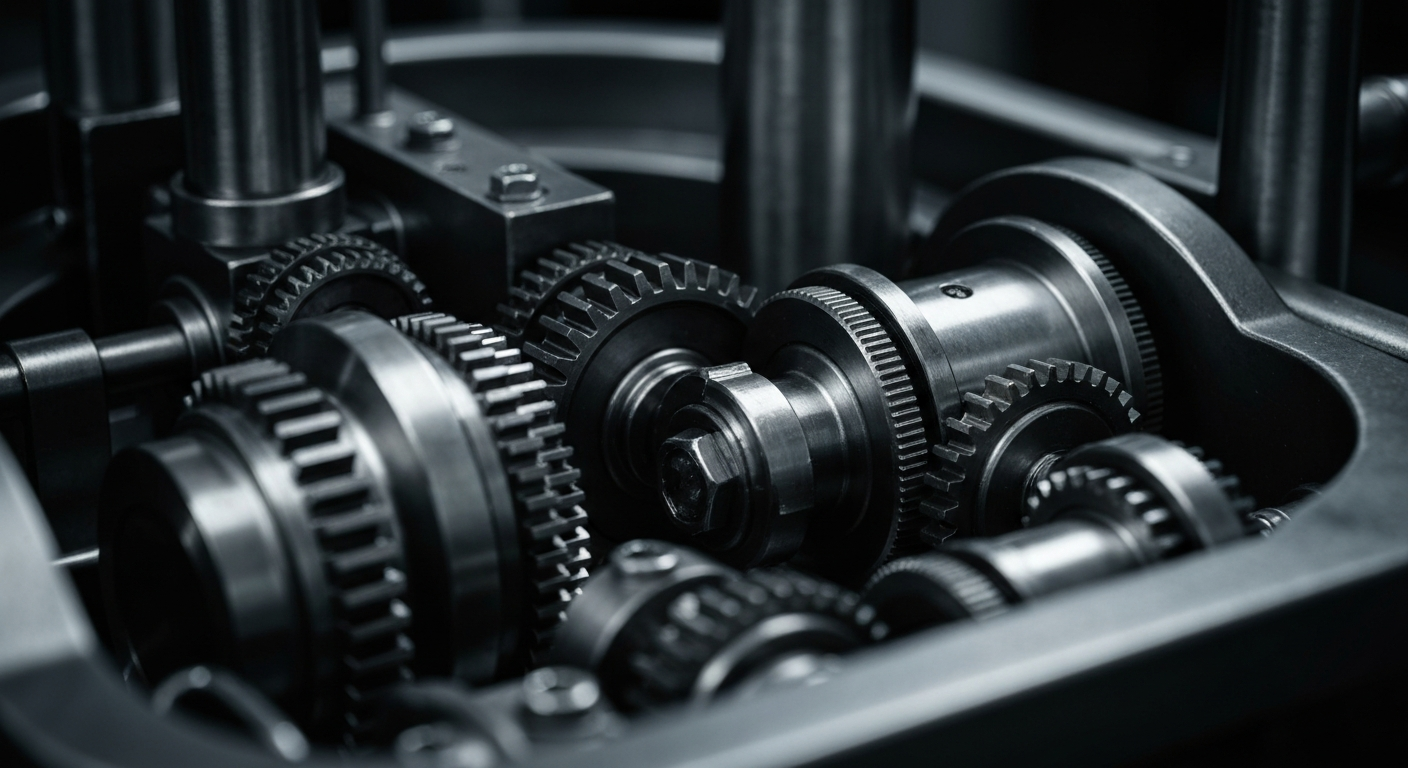 An extreme close-up photograph of the complex machinery and gears inside a Johnson & Johnson pharmaceutical production facility, captured in dramatic, high-contrast lighting to convey the company's industrial might and financial security.