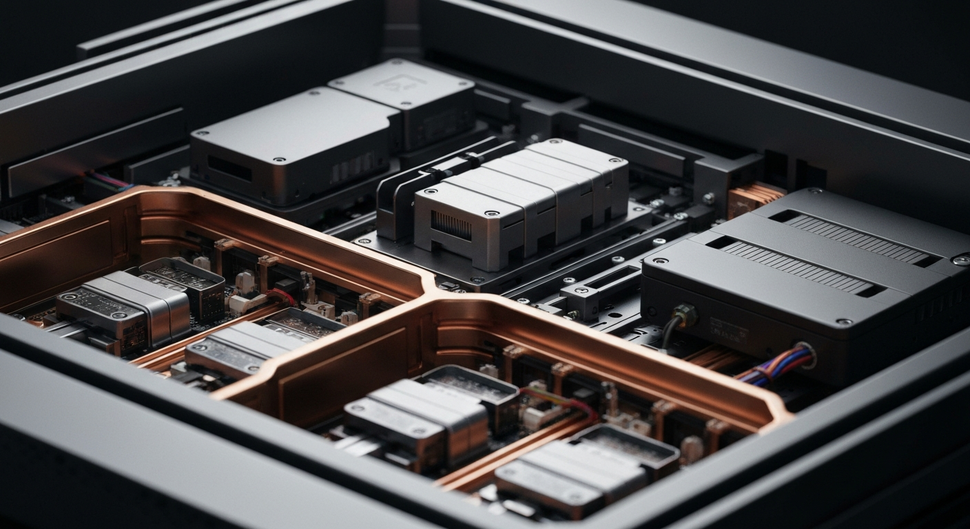 An extreme close-up of the intricate internal components and wiring of a high-tech media server, conveying the complex technological and financial infrastructure powering Netflix's streaming platform.