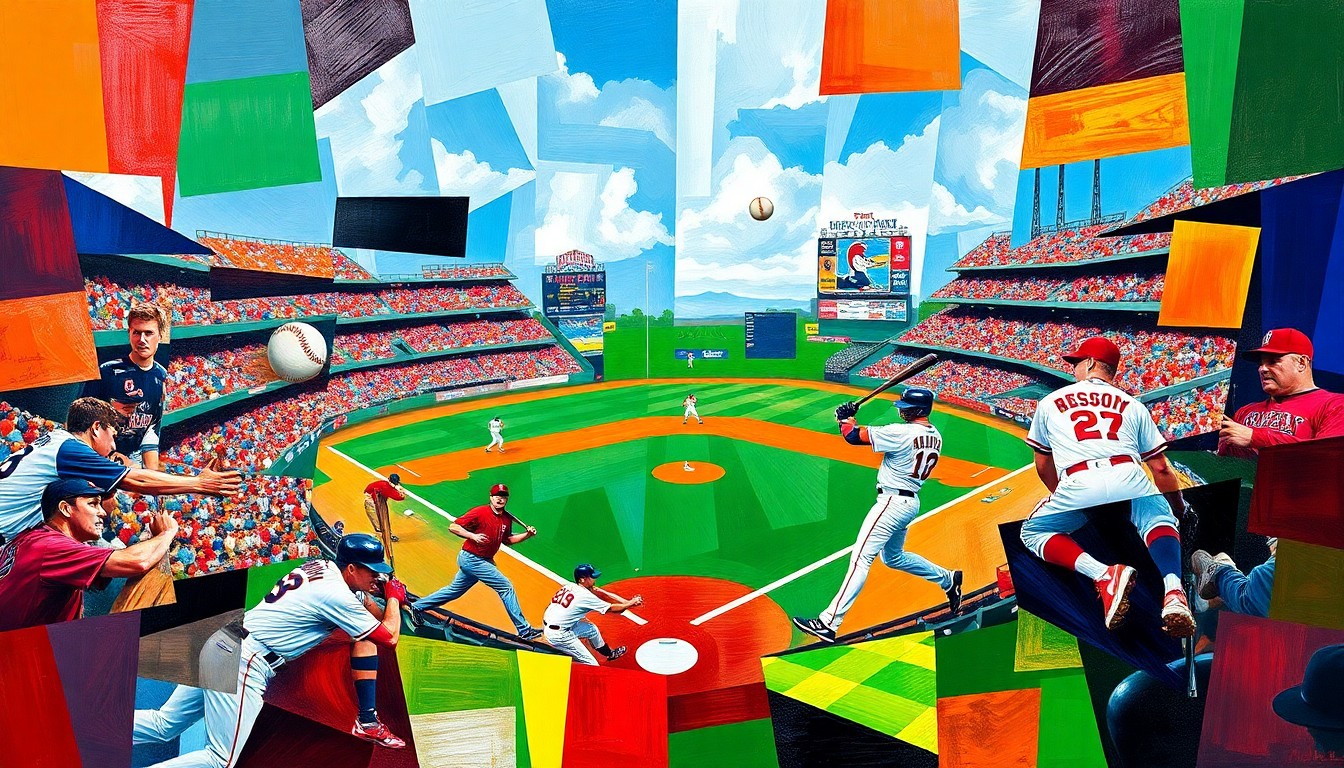 A cubist, geometric painting depicting a baseball game between the Minnesota Twins and Boston Red Sox, with the players and ball rendered as abstract, overlapping shapes and planes in vibrant colors.