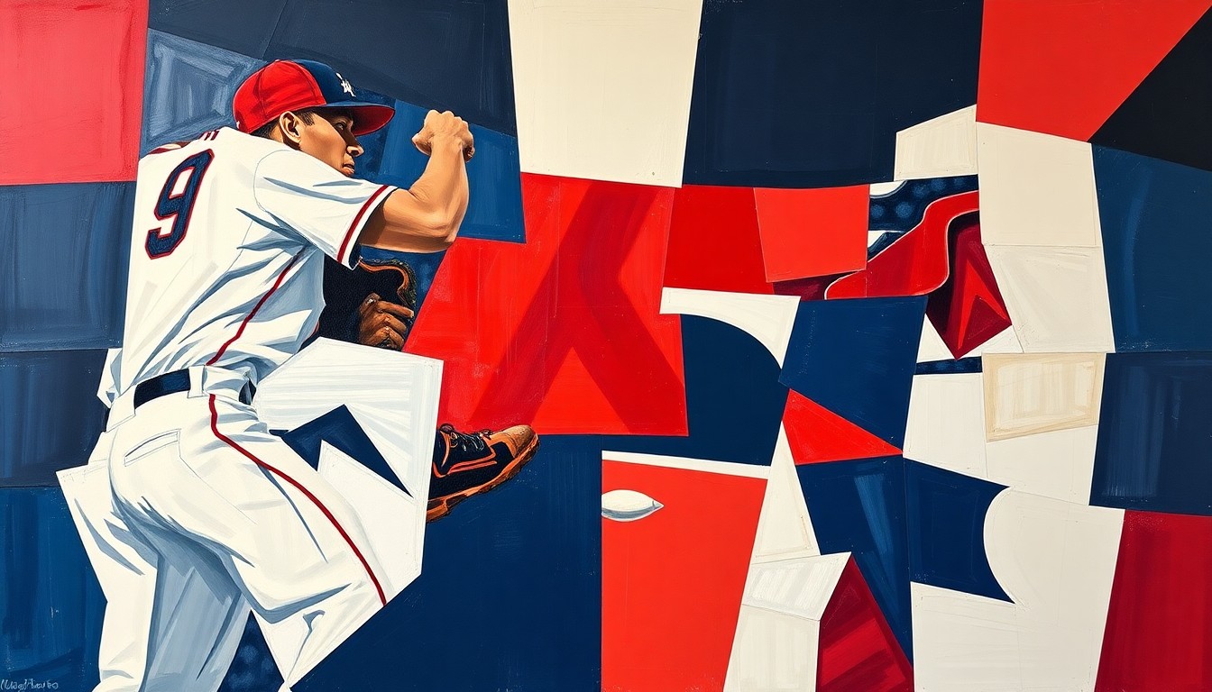 A cubist, geometric painting depicting a baseball player in the midst of a swing, with the field and stadium breaking down into sharp, overlapping planes of navy blue, red, and white, capturing the dynamic energy of the game.
