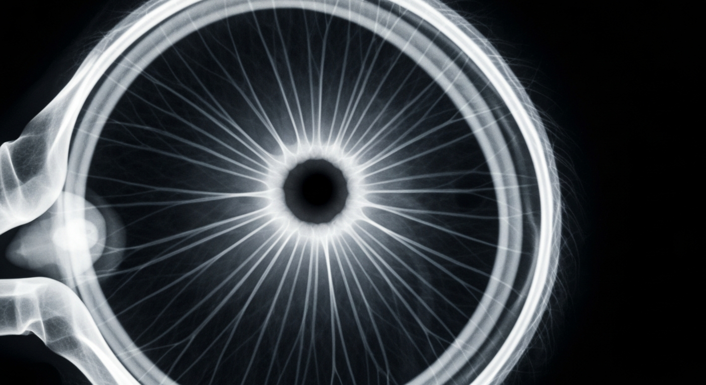 A ghostly, translucent X-ray photograph revealing the intricate internal structure of an eye as glowing lines against a dark background, conceptually representing the advanced technology and scientific research behind Curative's metformin-based ophthalmic therapy.