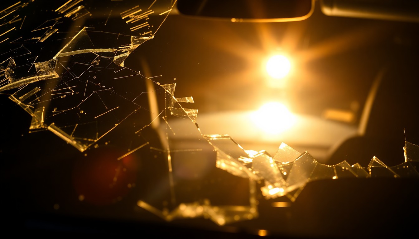 An extreme close-up photograph of a shattered car windshield reflecting the harsh glare of a camera flash, conceptually illustrating the aftermath of a serious collision.