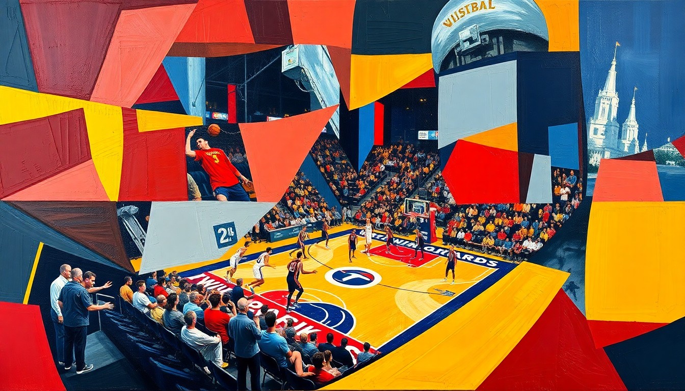 A cubist, geometric painting in bold red, blue, and gold colors, capturing the energy and movement of a Wizards basketball game through fragmented, overlapping shapes and planes.