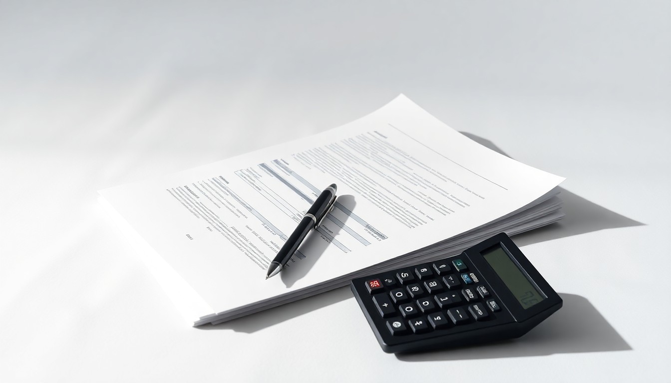 A minimalist studio still life featuring a stack of financial reports, a pen, and a calculator arranged on a clean, white background, symbolizing the abstract concepts of corporate strategy, finance, and risk management.