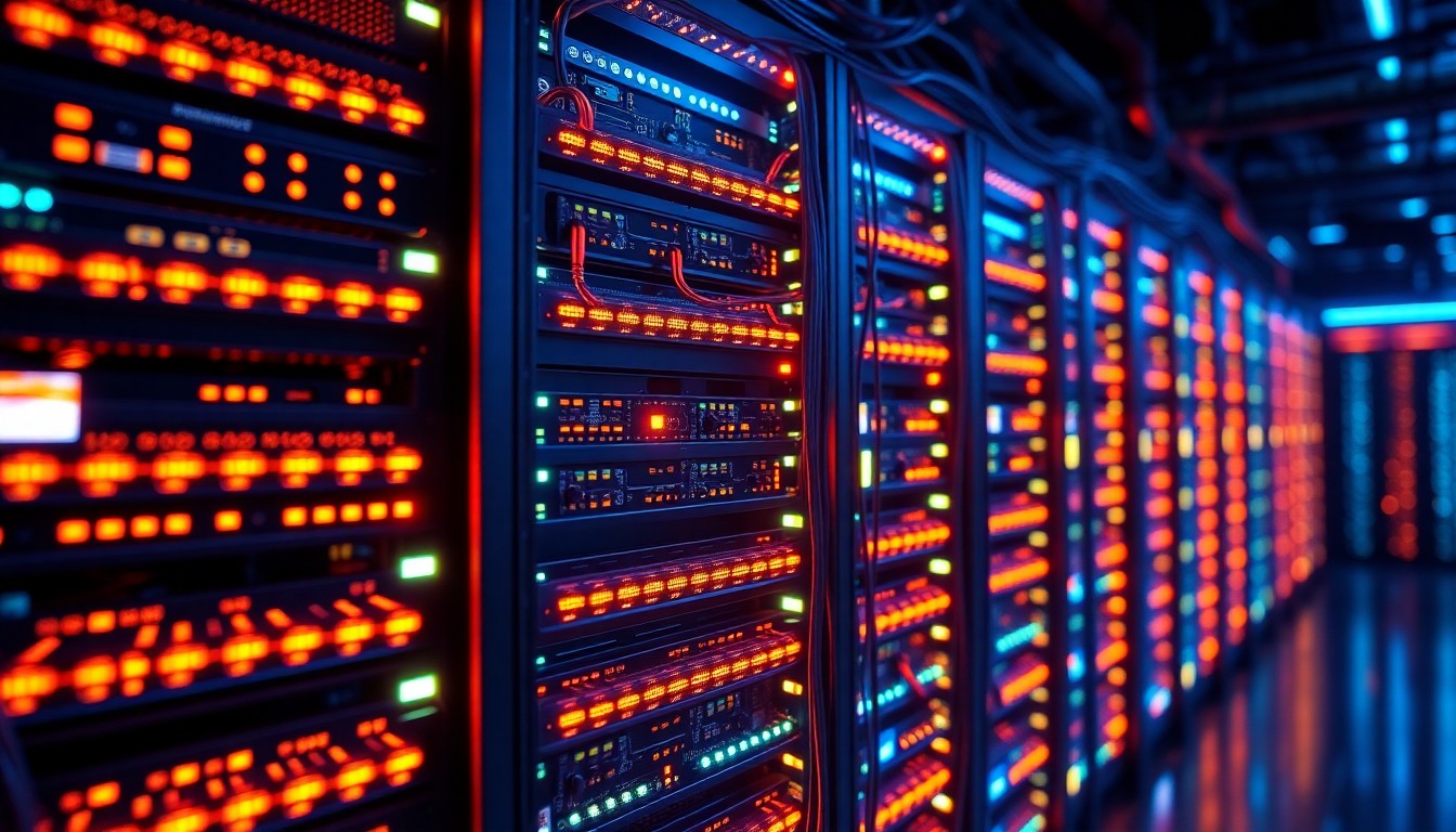 A highly detailed, 3D macro illustration of a glowing, neon-lit data center server rack, with pulsing cables and illuminated circuit boards, conceptually representing the powerful AI-driven infrastructure behind Veritone's content intelligence platform.