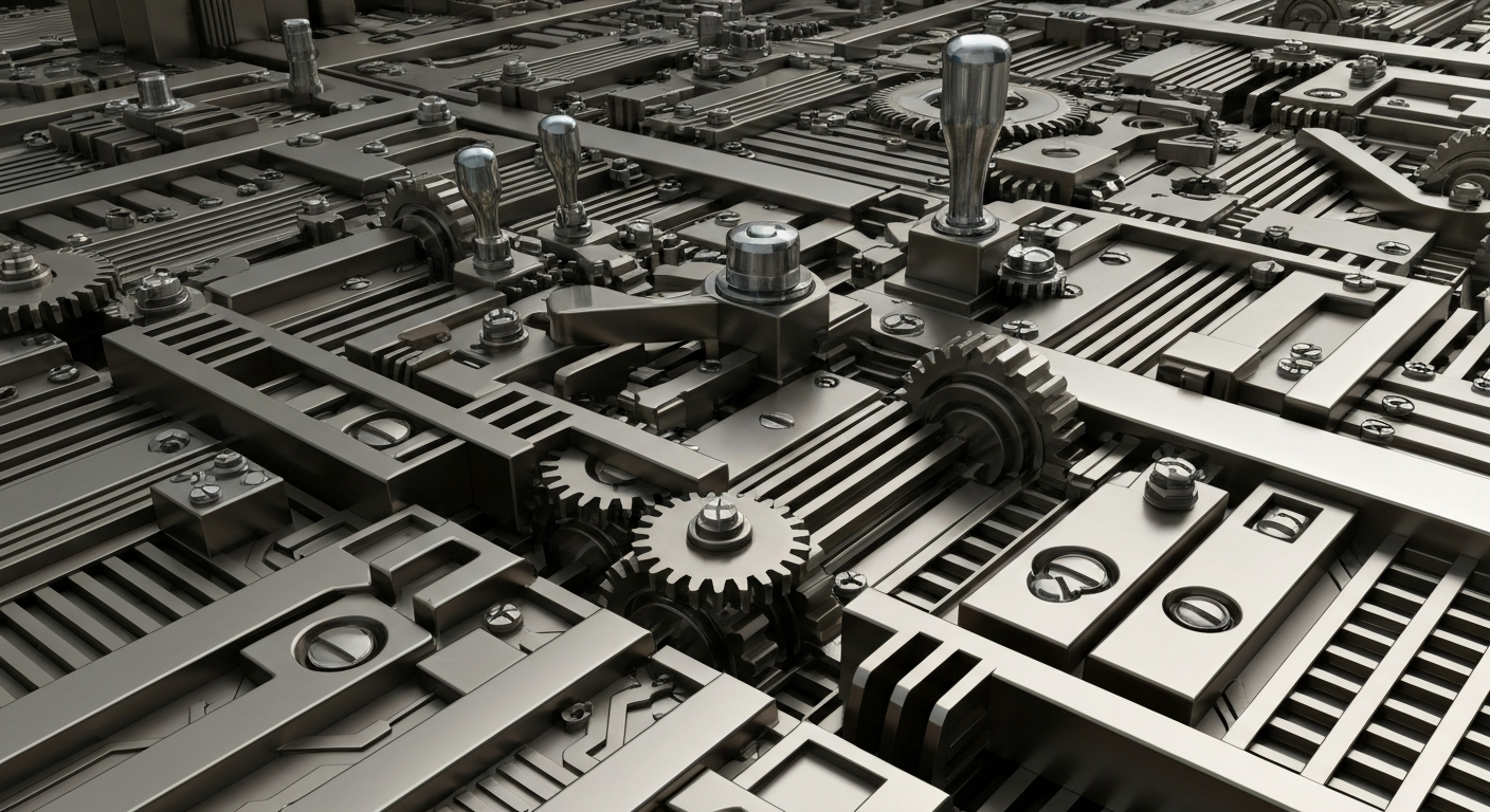 An extreme close-up of intricately engineered banking mechanisms and circuits in shades of steel, bronze, and chrome, representing the complex financial systems that drive global markets.