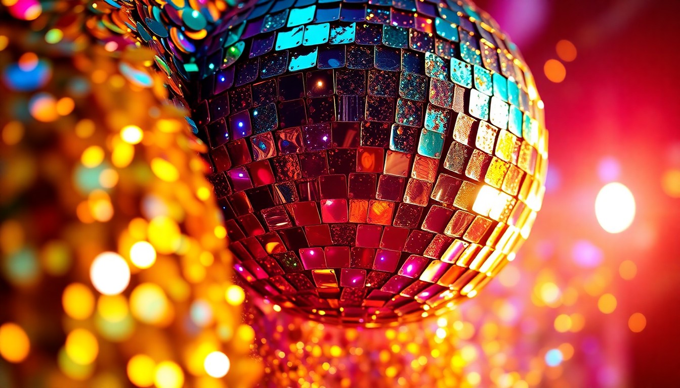 An abstract close-up photograph featuring a dramatic, high-contrast composition of shimmering sequins and glittering disco ball fragments, conceptually representing the vibrant energy and celebratory atmosphere of the Ledge Amphitheatre's upcoming concert season.