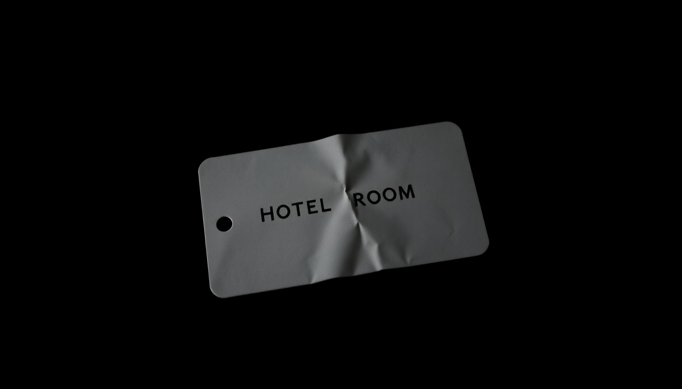An extreme close-up photograph of a crumpled hotel room key card, the texture and material details highlighted by dramatic lighting, conveying a sense of the serious, investigative nature of the case.