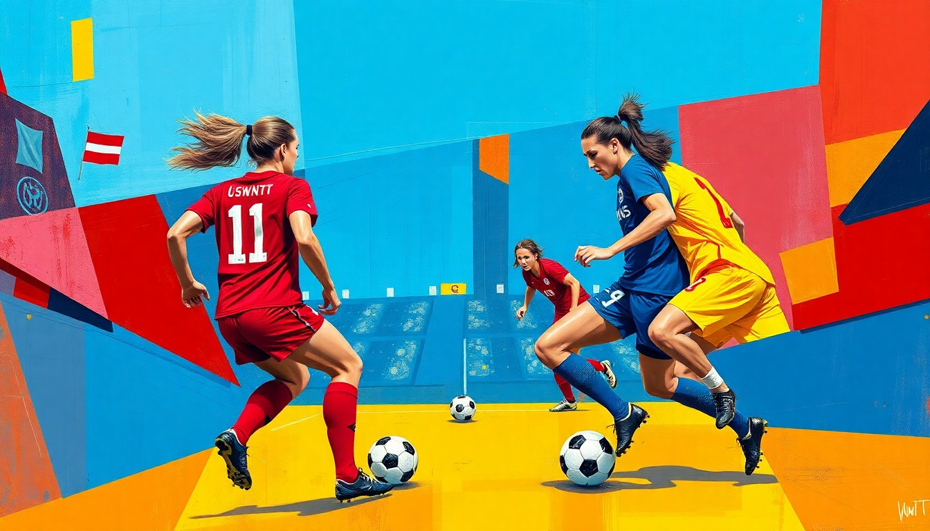 A fractured, multi-perspective painting in the style of Pablo Picasso, breaking down a women's soccer match into sharp, overlapping geometric planes of vibrant colors like red, blue, and yellow, capturing the energy and intensity of the game.